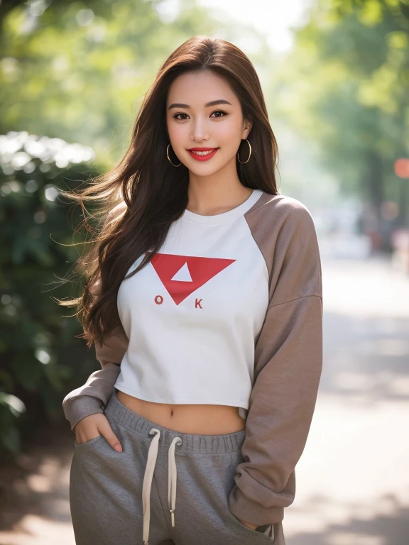 A half body photo of a attractive woman 20 y.o., NSFW, flashing, (:1.1),
Sweatpants and sweatshirt, Maven, Tall, Athletic, Triangular Face, Fair Skin, long brown Hair, hazel Eyes, [[Curved Nose]], Thick Lips, Round Chin, Instagram model, cheerful smile, medium breasts, Dangle earrings, coral stain lipstick,
Masterpiece, hi res, 8k, award winning, RAW photo, high quality, 35mm photograph, film grain, bokeh, professional, 4k, highly detailed, 