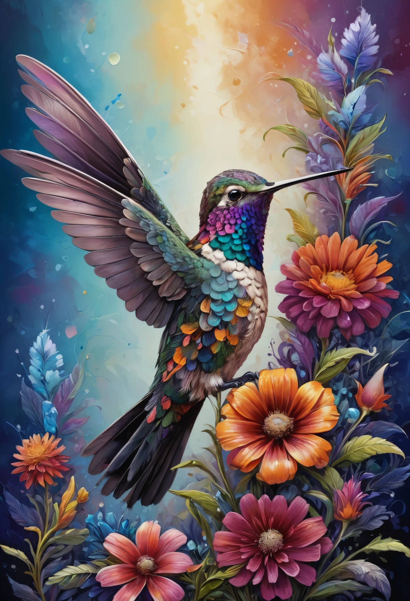A hummingbird perched on a flower, its feathers adorned with vibrant colors, set against a natural background. The hummingbird is depicted with intricate details, bold colors, and high-definition quality, immersing viewers in the scene.