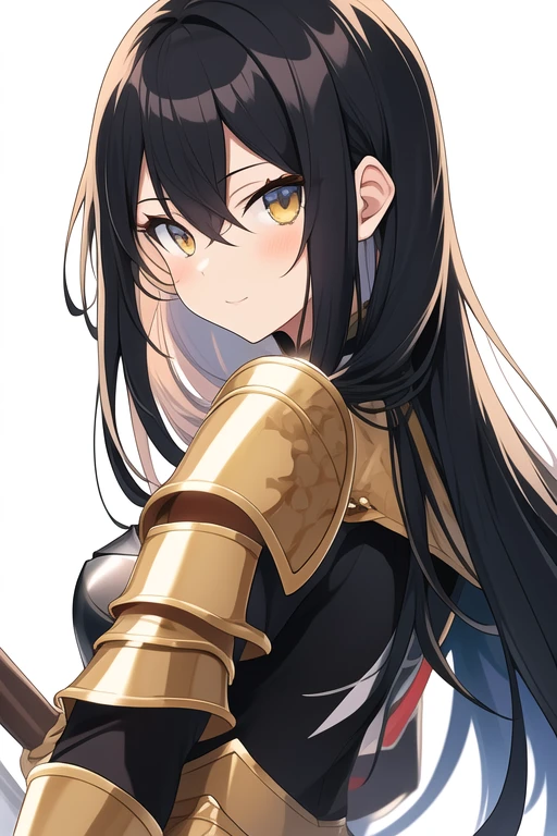 Anime girl with long black hair and gold eyes holding weapons and wearing armor