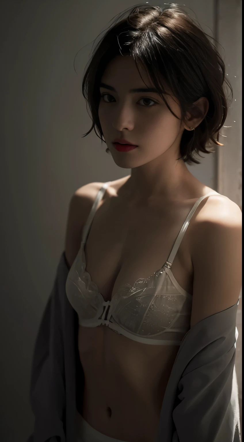 Best quality, masterpiece, ultra high res, (photorealistic:1.5), raw photo, 1girl, offshoulder, in the dark, deep shadow, low key, cold light, sexy look, short hair, underwear