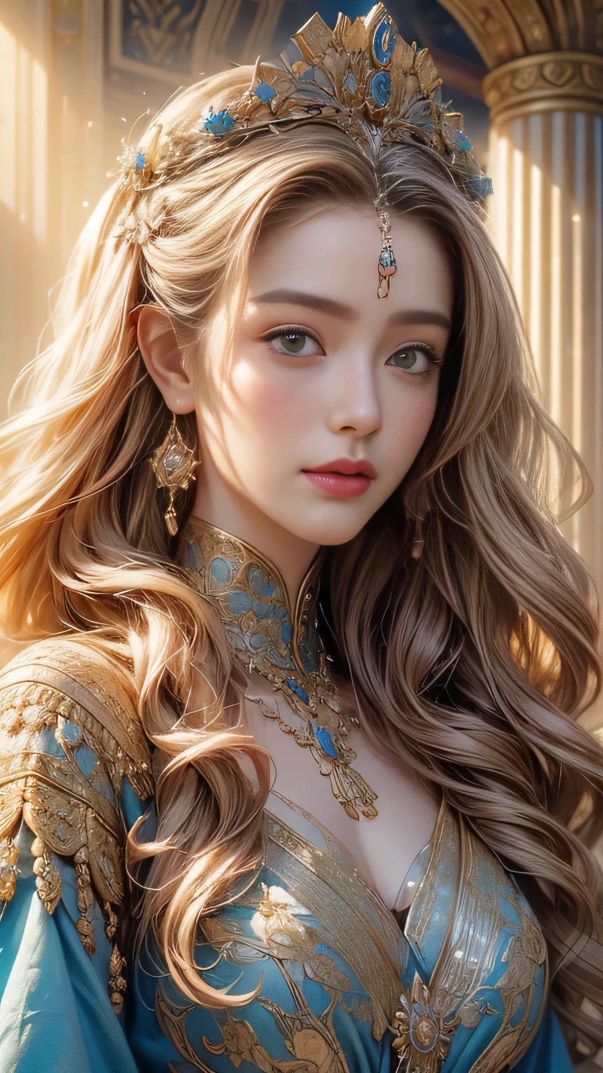 (highest quality,Very detailed,Realistic:1.37),Greek god tales, 女god, god々Queen of, Perfect facial balance, Fine grain, flowing golden hair, Vivid and smooth, Wearing elegant robes decorated with intricate patterns.