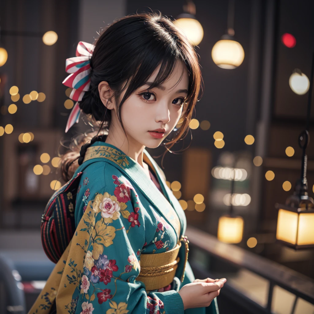 japanese girl in traditional design kimono holding single lantern in the dark walking in a misty dark river night time, black background, horror, best quality, perfect body, ultra realistic, beautiful face