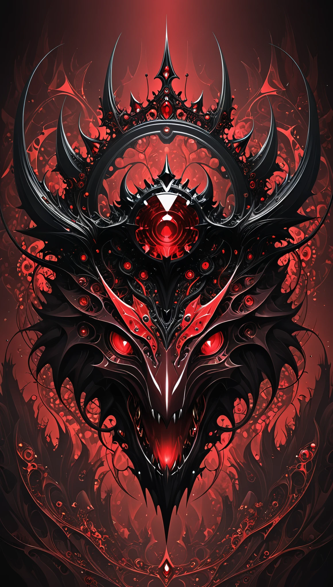 (in style of Nick Veasey:1.3),Demon's Crown,(Mysterious Landscape),[suspenseful],Fantasy,Dark,shadowy,atmospheric,dark colors,(A miracle stone showing modern technological patterns),leaving the viewer suspended in a state of numb indifference,(demon crown:1.3),(the king of dangerous beasts:1.2),(transformed by future technology:1.2),(red dark red color palette:1.2),(fractal art:0.9),
