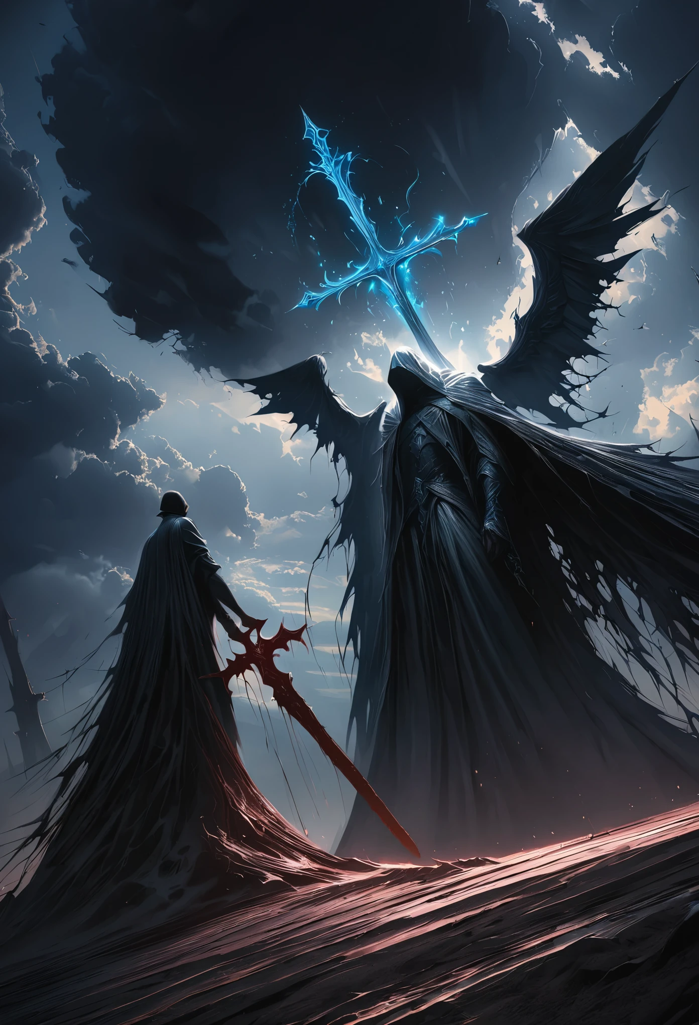 (masterpiece, best quality: 1.2), angel underground, broken wings, holding a blue silver crucifix, moonlight, ominous clouds, dark fantasy illustration style, dark arts, high contrast, dark shadows, atmospheric perspective , melancholic colors, cinematic composition, volumetric lighting, numbers, brush strokes, dramatic lighting, low angle, surrealism, super detailed, hyperrealism