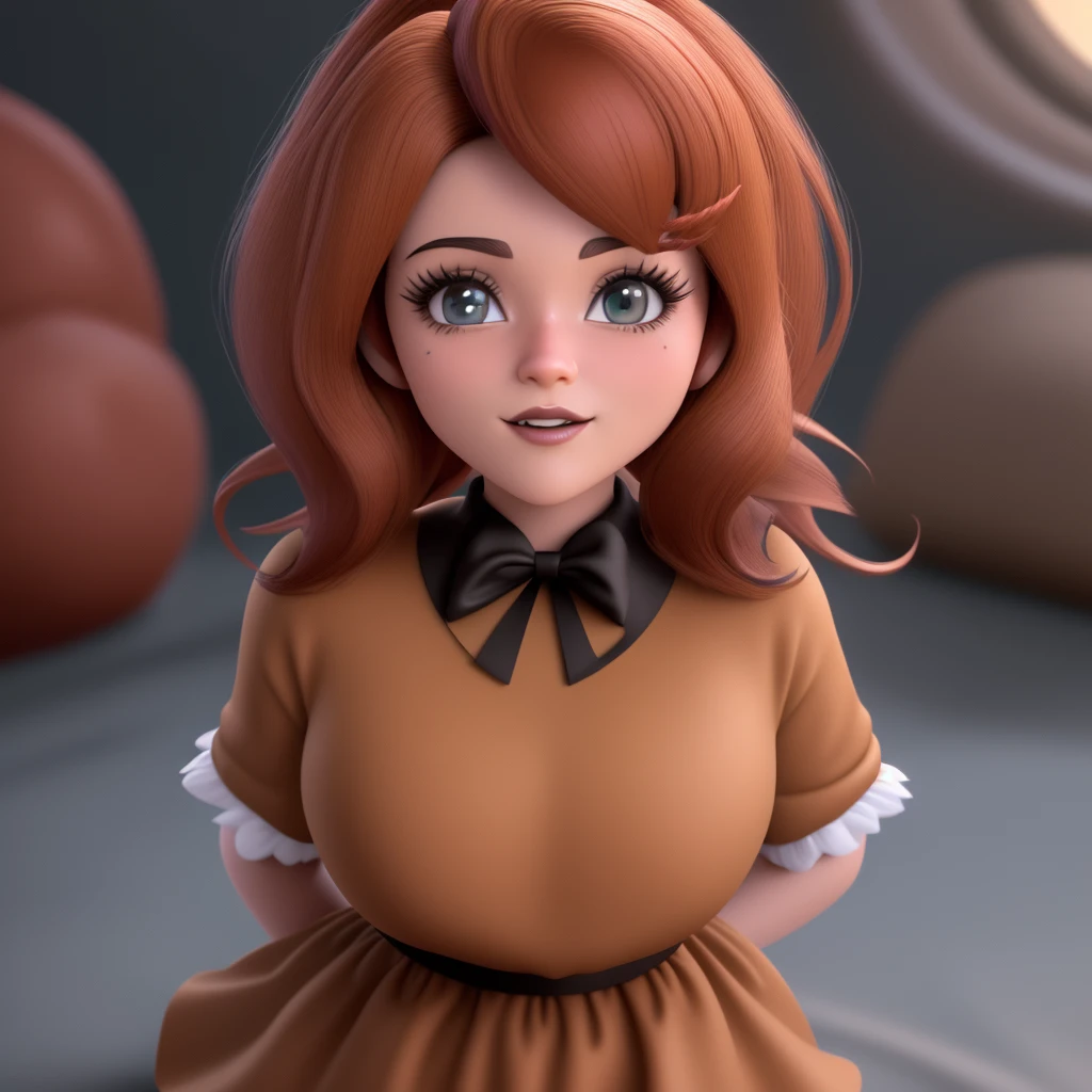 Personagem da Disney em 3d , cabelos ondulados castanho escuro preso, olhos castanhos, morena clara, confeitando bolo.