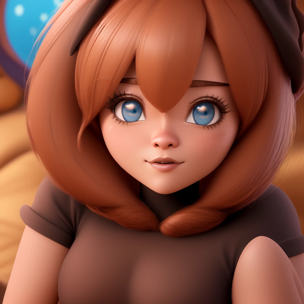 Personagem da Disney em 3d , cabelos ondulados castanho escuro preso, olhos castanhos, morena clara, confeitando bolo.