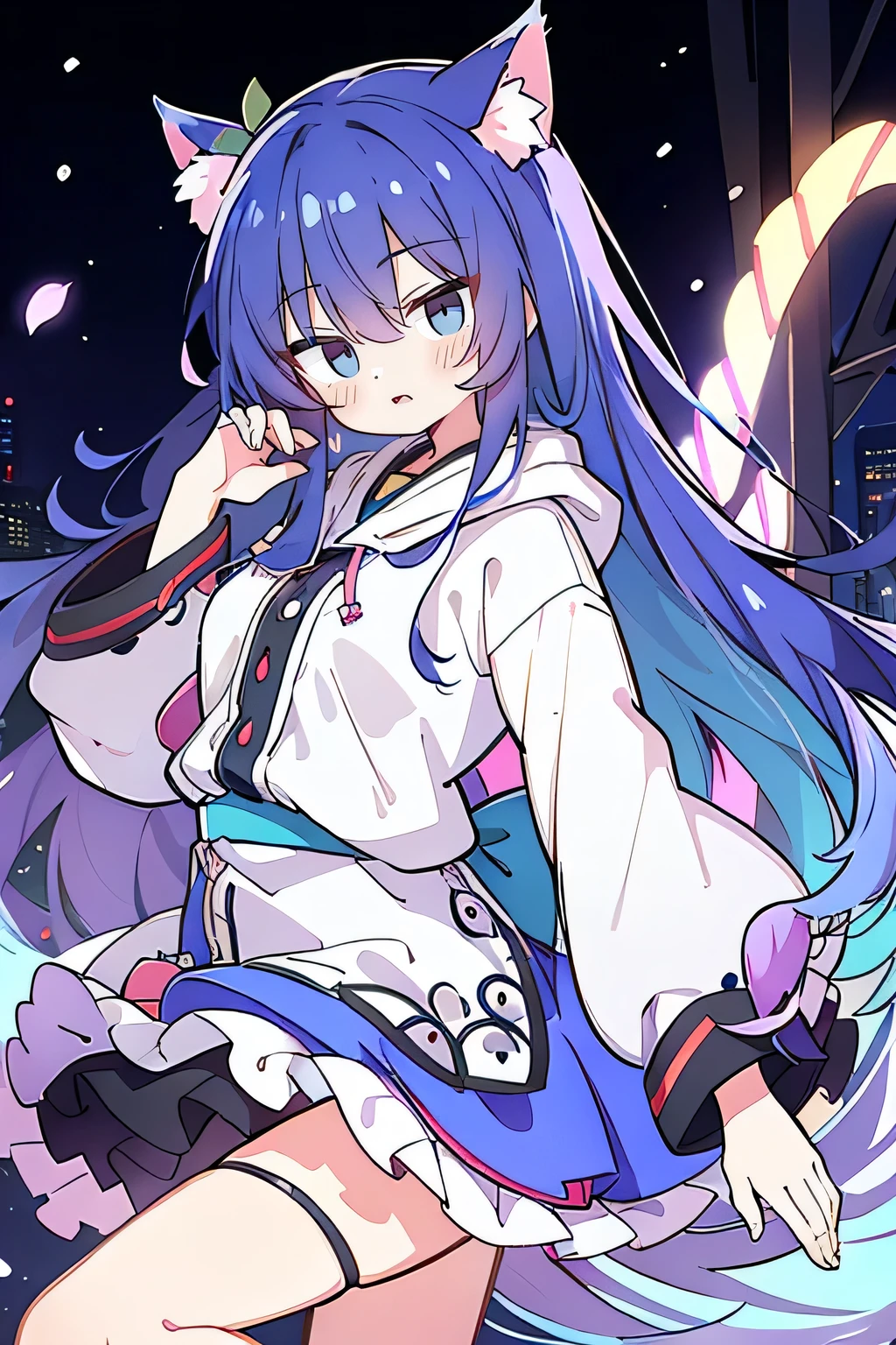 （masterpiece：1.2），Super detailed，lifelike，Expressive eyes，fair skin，perfect face shape，1 girl，
Japanese comics,Gorgeous blue hair,flowing blue hair,flowing clothes,Cat ears,Petals fall,beautiful lola,Baby Angel,
Shaking head with one hand，Cross your legs，Gentle and peaceful background，The pavilion is cool and comfortable,smile, wearing hoodie, background of tokyo,back views.snowing, winter.