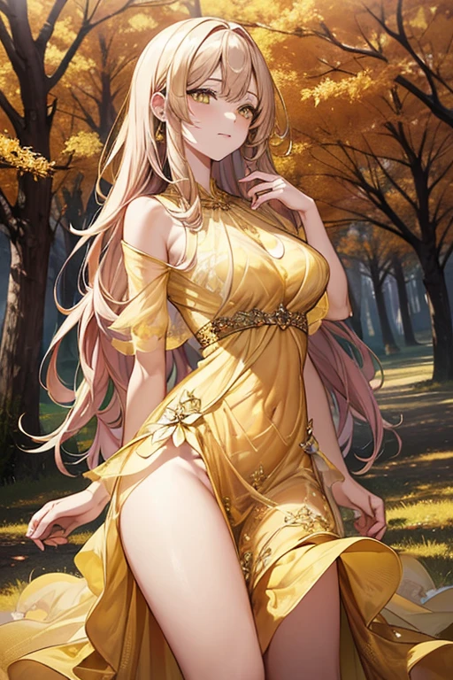 {{{{masterpiece}}}}, {{{Ultra-detailed}}}, {{{High resolution}}}, {{Excellent anatomy}}, (((highest quality))), ((Very delicate and beautiful)), {{Very detailed and delicate}}, {8k CG wallpaper},、Extremely detailed, solo, Perfect Face, Beautiful face, Highly detailed face，(Mastepiece), (Best Quality)、One female、Best Style、Beauty、The most beautiful woman in the world、(((Yellow sheer dress:1.5))),((Big Breasts))、(((Pink long hair)))、a 黄色 tree lined path with leaves on the ground, breath-taking Beautiful trees, breath - taking Beautiful trees, Blossoming Road to Heaven, Bright but gloomy gold, Golden Autumn, wonderful, Yellow carpet, Yellow hue, Beautiful trees,Golden Leaf, During the fall、