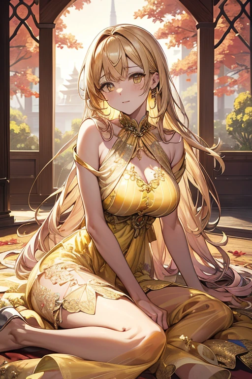{{{{masterpiece}}}}, {{{Ultra-detailed}}}, {{{High resolution}}}, {{Excellent anatomy}}, (((highest quality))), ((Very delicate and beautiful)), {{Very detailed and delicate}}, {8k CG wallpaper},、Extremely detailed, solo, Perfect Face, Beautiful face, Highly detailed face,(Mastepiece), (Best Quality)、One female、Best Style、Beauty、The most beautiful woman in the world、(((Yellow sheer dress:1.5))),((Big Breasts))、(((Pink long hair)))、a 黄色 tree lined path with leaves on the ground, breath-taking Beautiful trees, breath - taking Beautiful trees, Blossoming Road to Heaven, Bright but gloomy gold, Golden Autumn, wonderful, Yellow carpet, Yellow hue, Beautiful trees,Golden Leaf, During the fall、