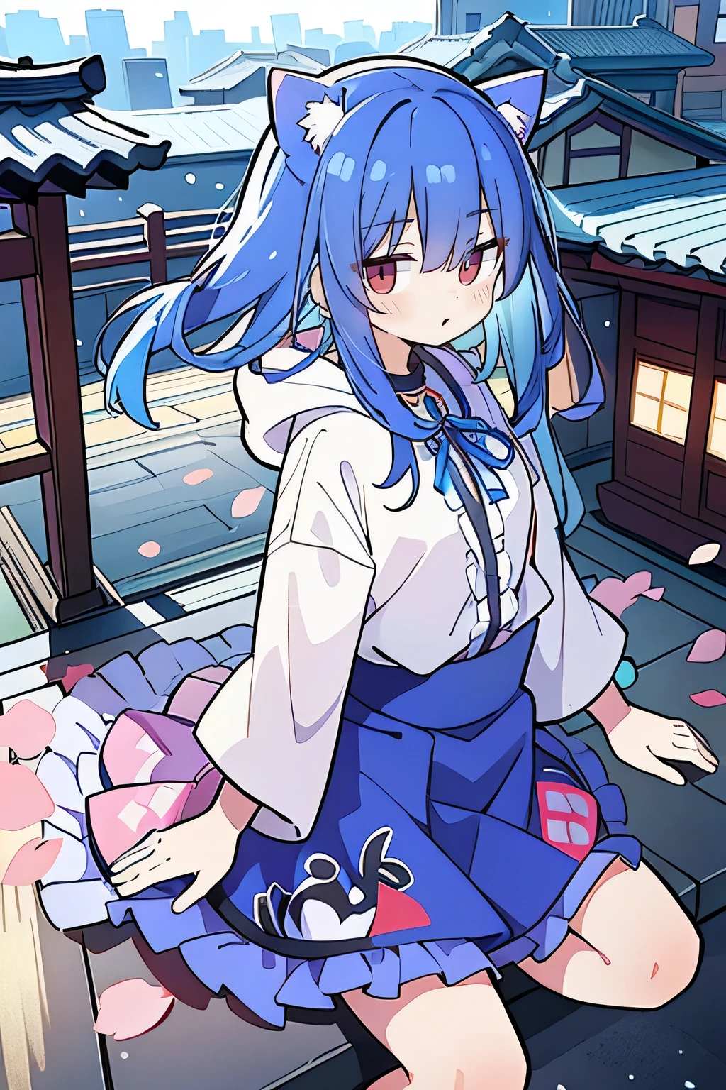 （masterpiece：1.2），Super detailed，lifelike，Expressive eyes，fair skin，perfect face shape，1 girl，
Japanese comics,Gorgeous blue hair,flowing blue hair,flowing clothes,Cat ears,Petals fall,beautiful lola,Baby Angel,
Shaking head with one hand，Cross your legs，Gentle and peaceful background，The pavilion is cool and comfortable,smile, wearing hoodie, background of tokyo,back views.snowing, winter.