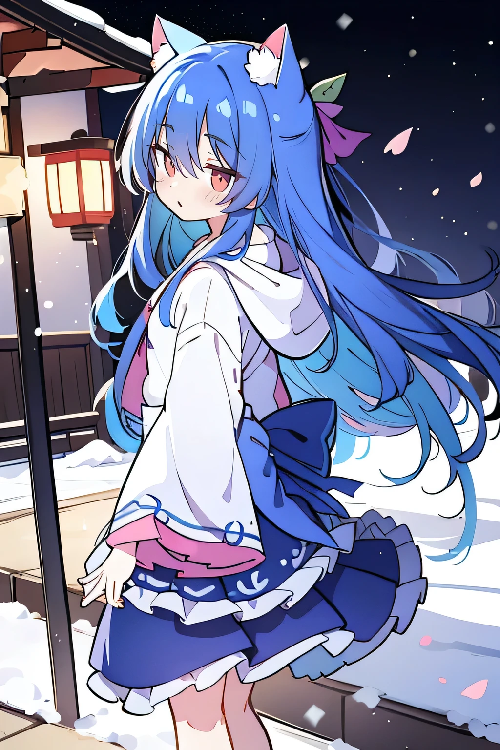 （masterpiece：1.2），Super detailed，lifelike，Expressive eyes，fair skin，perfect face shape，1 girl，
Japanese comics,Gorgeous blue hair,flowing blue hair,flowing clothes,Cat ears,Petals fall,beautiful lola,Baby Angel,
Shaking head with one hand，Cross your legs，Gentle and peaceful background，The pavilion is cool and comfortable,smile, wearing hoodie, background of tokyo,back views.snowing, winter.