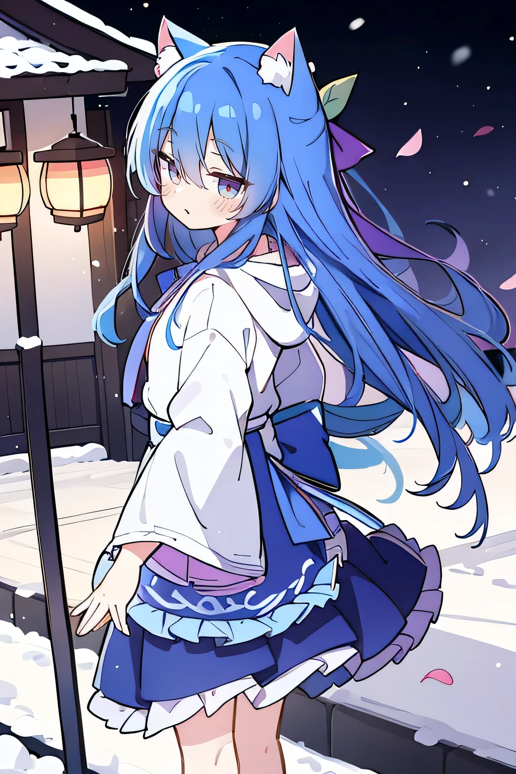 （masterpiece：1.2），Super detailed，lifelike，Expressive eyes，fair skin，perfect face shape，1 girl，
Japanese comics,Gorgeous blue hair,flowing blue hair,flowing clothes,Cat ears,Petals fall,beautiful lola,Baby Angel,
Shaking head with one hand，Cross your legs，Gentle and peaceful background，The pavilion is cool and comfortable,smile, wearing hoodie, background of tokyo,back views.snowing, winter.