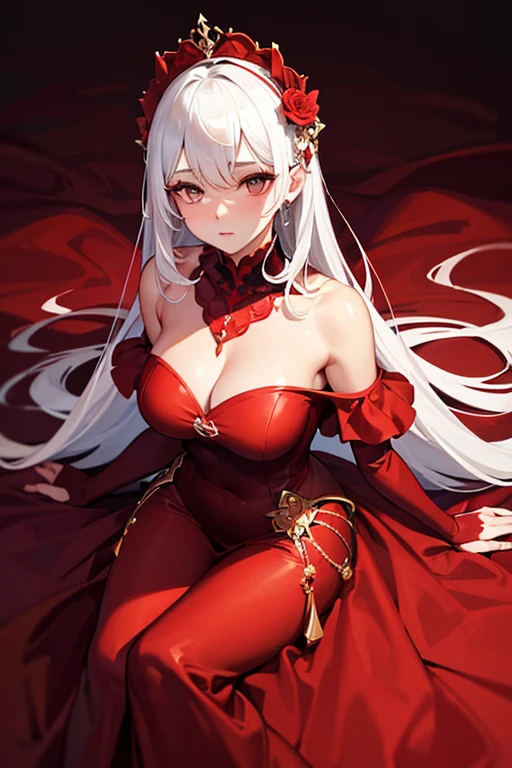 a close up of a woman in a Red dress with roses, Extravagant dress, 8k highly detailed , dressed beautiful gown, Wearing a wonderful dress, Red dress, Detailed dress and face, All red, beautiful gown, gown, elegant Red dress, red, Wearing a wonderful dress, Exquisite digital illustration,The most beautiful woman in the world、White Hair、White eyes、Best Style、Beautiful legs、whole body