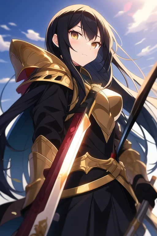 Anime girl with long black hair and gold eyes holding weapons and wearing armor