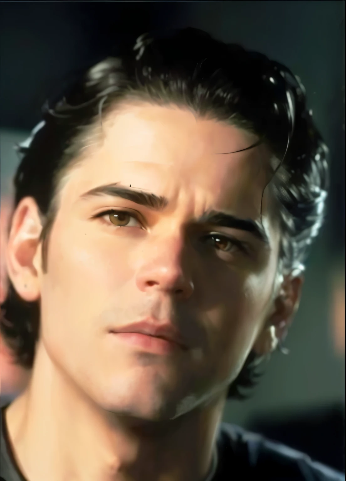 un primer plano de una persona con una camisa negra y una camisa negra, agent cooper, Derek Riggs, androide james, tommy 1 6 years, in the movie dune, {Mirada incierta}, al estilo de hueso de mono, brad, handsome young prince, primer plano tiro en la cabeza, joven jim caviezel, Eduardo, inspirado por Peter Brandes, Colin Farrell