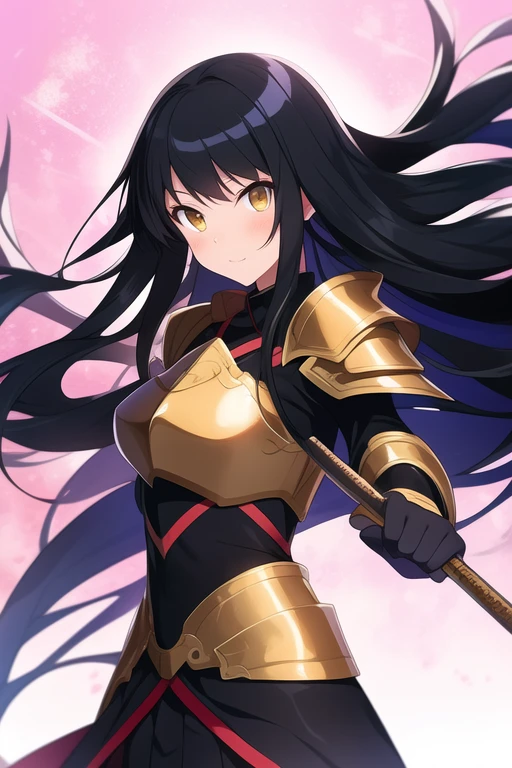 Anime girl with long black hair and gold eyes holding weapons and wearing armor