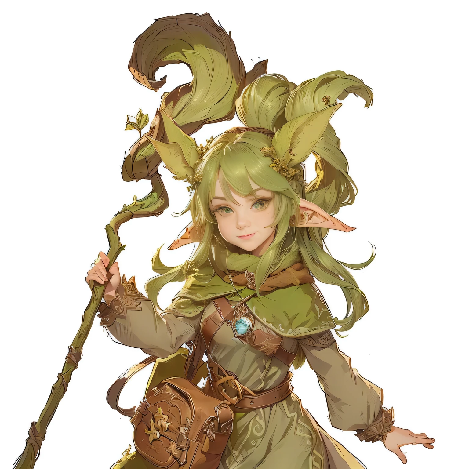 Cartoon style image of a woman holding a stick and a bag, Elf Girl, a Druid, Fairy Girl DND Characters, goblin female portrait, The wood elves, Rune Factory 5'Art style, She has elf ears and golden eyes, Elf Girl wearing an flower suit, Druid, gnome Druid, beautiful The wood elves, nature Druid, female Druid, Elf Portrait