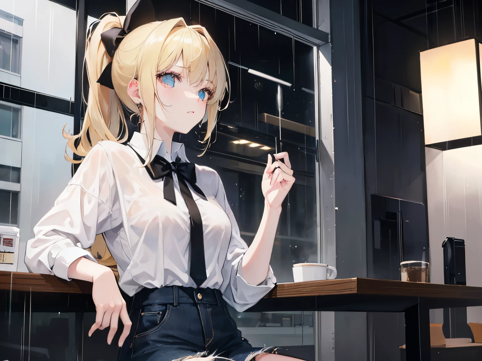21 year old woman with blonde hair, Turquoise eyes, big , A short ponytail and a black bow are tied on the back... Wearing a white shirt and short jeans, sitting at a coffee shop. in the rain