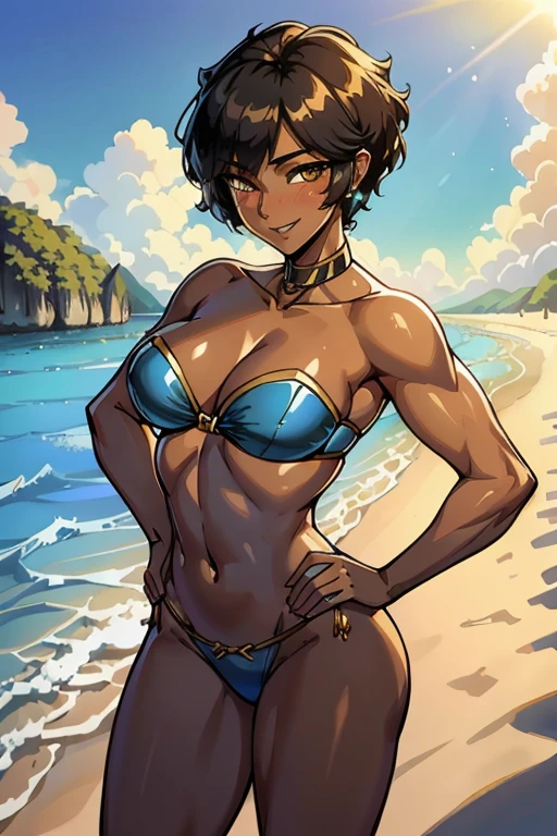 8K, (best quality:1.3), (masterpiece:1.3), (detailed:1.2), 1girl, solo, ((26 year old:1.3, Filipino Woman:1.3, short black hair:1.3, Amber eyes:1.2, Detailed face, Detailed eyes, tanned bronze skin:1.08, agile physique:1.08, Perfect Anatomy, (mature female),(shiny skin), (Wearing: Strapless Blue bikini bra, Blue Bikini bottom:1.2)), (Character Focus),Perfect Anatomy,(Professional Lighting), Looking at Viewer, (hands on hips), (Smiling),blush,(super detailed skin), dynamic pose, (Background: outdoors, beach of the Philippines), full body,