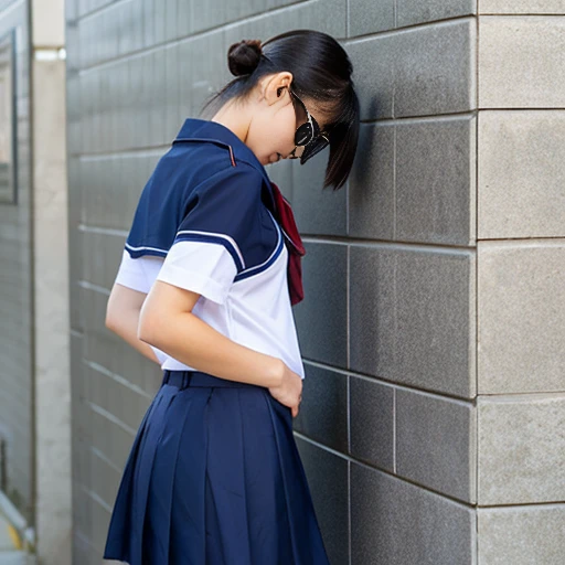 (highest quality)、((One age girl, junior high school student, female student))、Wearing black glasses、ponytail、Sailor suit、public junior high school、toilet、Place your right hand on the wall、Please bend your legs、Lower your waist、((Pull down your pants with your left hand))、Perfect Ass、Composition looking up from behind、Composition looking up from below、Laughter、Looking Away、is open