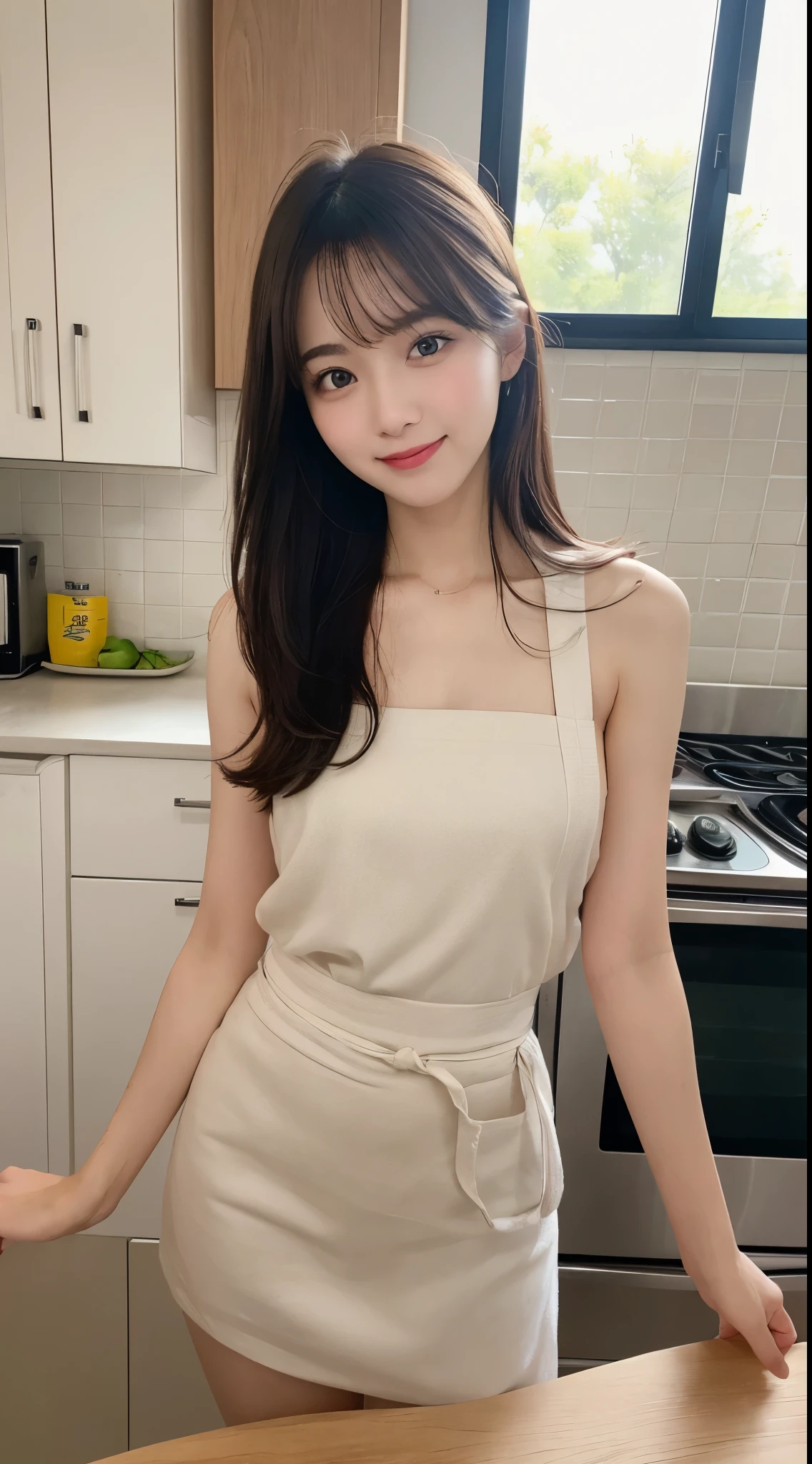 Tabletop, highest quality, figure, Super detailed, finely, High resolution, 8K Wallpaper, perfection dynamic composition, Detailed and beautiful eyes, Tight Mini,Medium Hair,,Natural color lip, Random sexy poses,kitchen、20 year old girl、cute、Sexy shot of the camera,apron,perfection, beautiful and cute face,Smile、naked,nakedの胸,Pull angle of view,naked、全naked、naked,nakedの胸,fully open legs、全naked、Raw photo、Photographed in natural light、highest quality、8K、32k、masterpiece、Realistic
