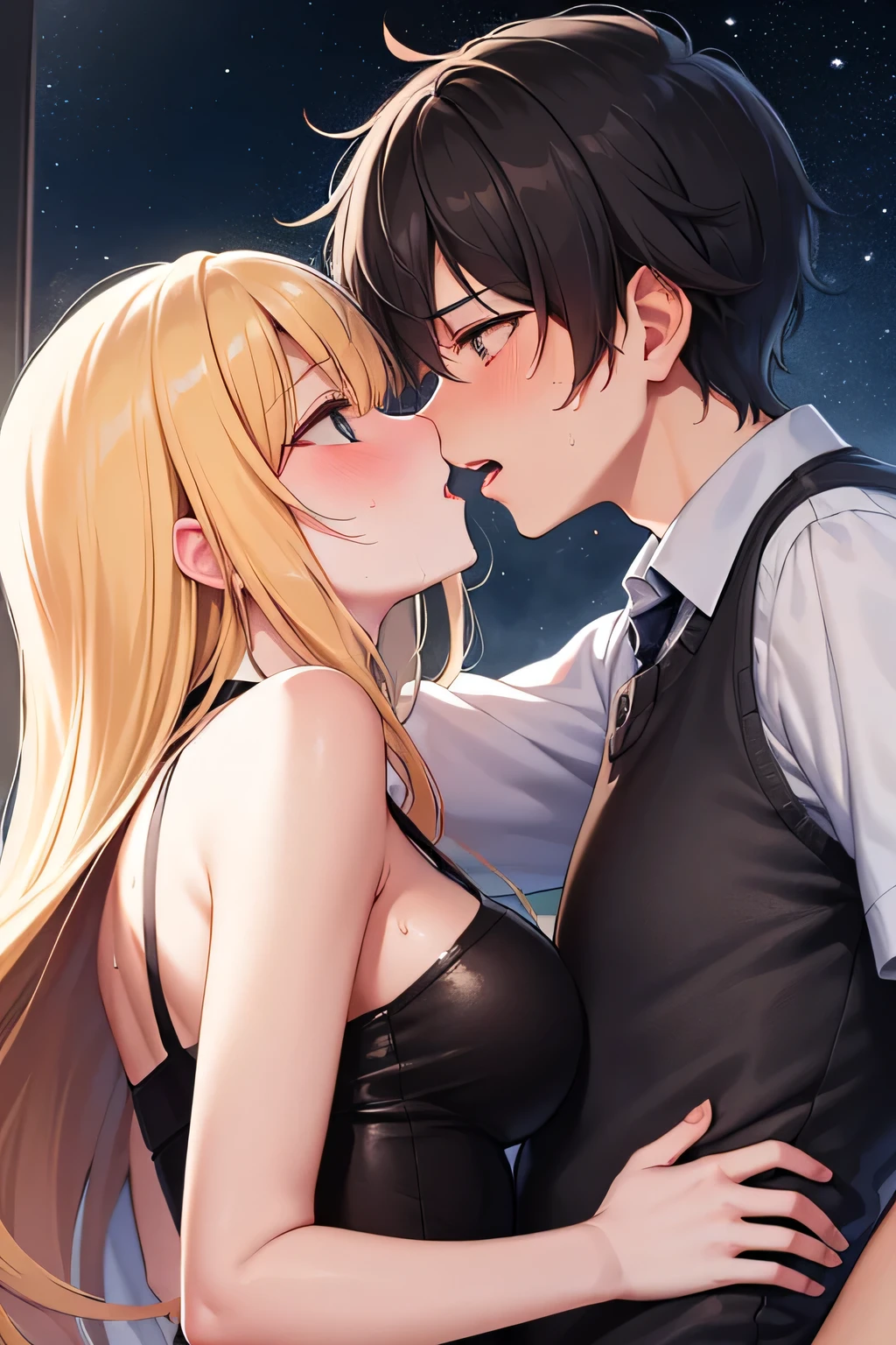 Amazing portrait of a boy and a girl aggressively making out on bed during night time and they're curious and nervous and blushing and sweating as it's their first time