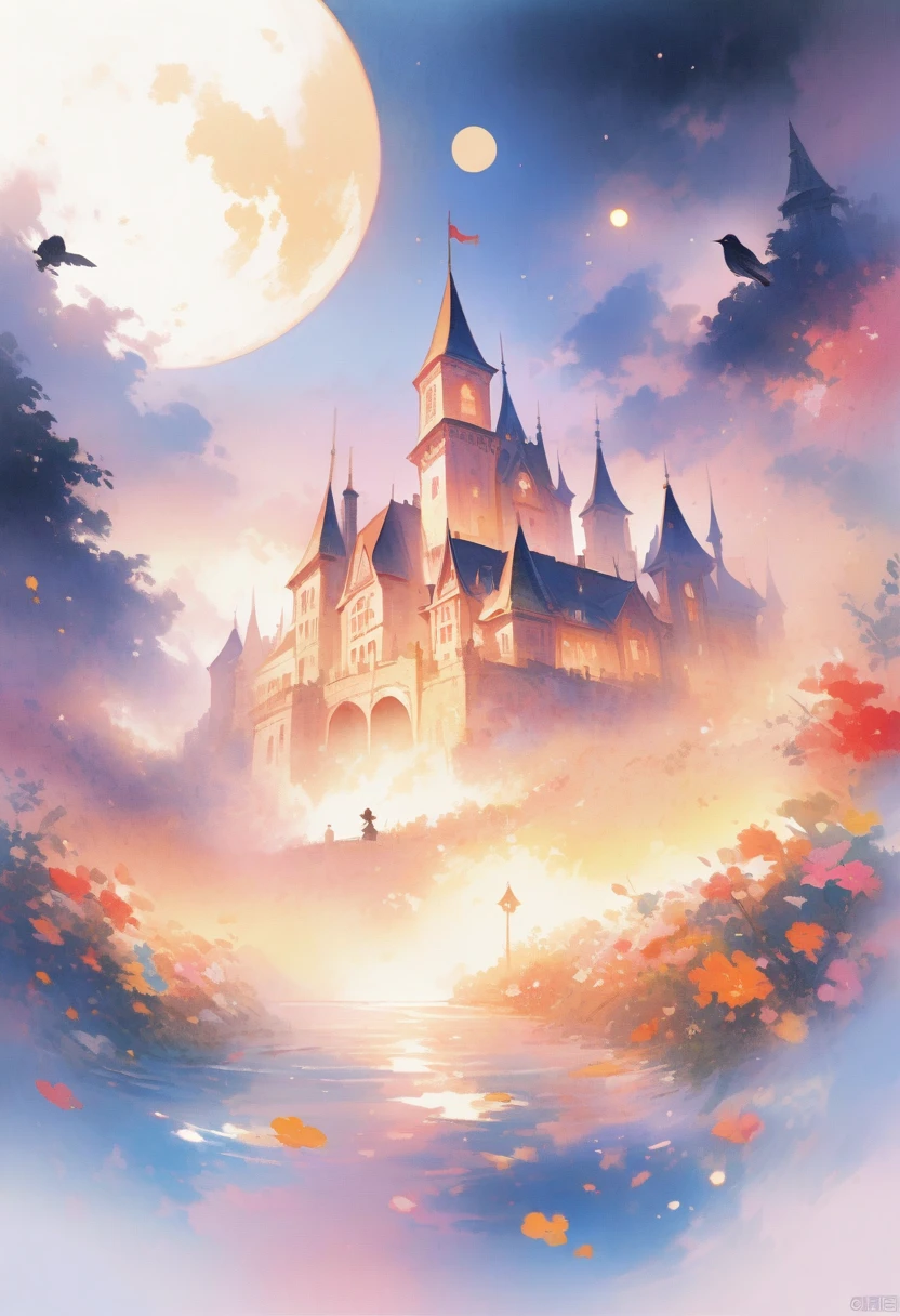 (best quality, high resolution, Terror Castle,Dark atmosphere,moon,crow