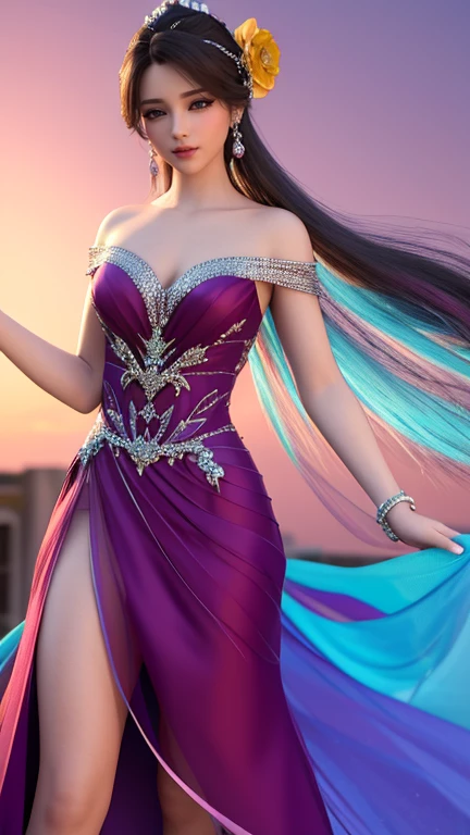 8K ultra HD masterpiece, showcasing a captivating scene of a solitary girl with an exceptionally beautiful face and very long, flowing locks. Her features are meticulously detailed, from her intricately lined eyes to the full, juicy lips that curve into a beautiful smile. She is adorned in a Short Strapless Tulle Beads Prom Dress, with tiny, elegant 3D flowers in shades of pink, red, blue, black, green, meroon, purple, and yellow, adding a splash of vibrant color against the backdrop of the scene.
The dress boasts high resolution quality, every stitch and bead distinctly rendered. Around