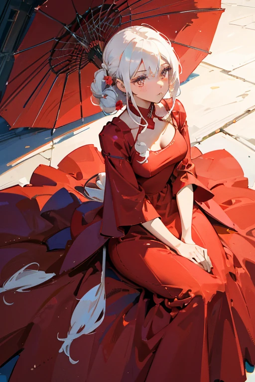 a close up of a woman in a Red dress with roses, Extravagant dress, 8k highly detailed ❤🔥 🔥 💀 🤖 🚀, dressed beautiful gown, Wearing a wonderful dress, Red dress, Detailed dress and face, All red, beautiful gown, gown, elegant Red dress, red, Wearing a wonderful dress, Exquisite digital illustration,The most beautiful woman in the world、White Hair、White eyes、Best Style、Beautiful legs、whole body