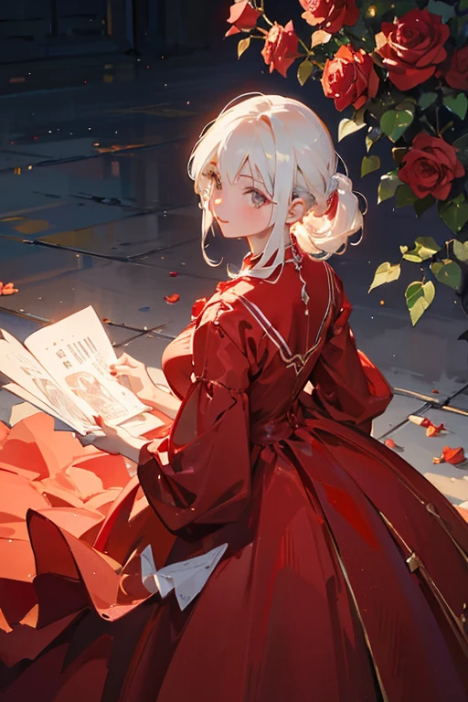 a close up of a woman in a Red dress with roses, Extravagant dress, 8k highly detailed ❤🔥 🔥 💀 🤖 🚀, dressed beautiful gown, Wearing a wonderful dress, Red dress, Detailed dress and face, All red, beautiful gown, gown, elegant Red dress, red, Wearing a wonderful dress, Exquisite digital illustration,The most beautiful woman in the world、White Hair、White eyes、Best Style、Beautiful legs、whole body
