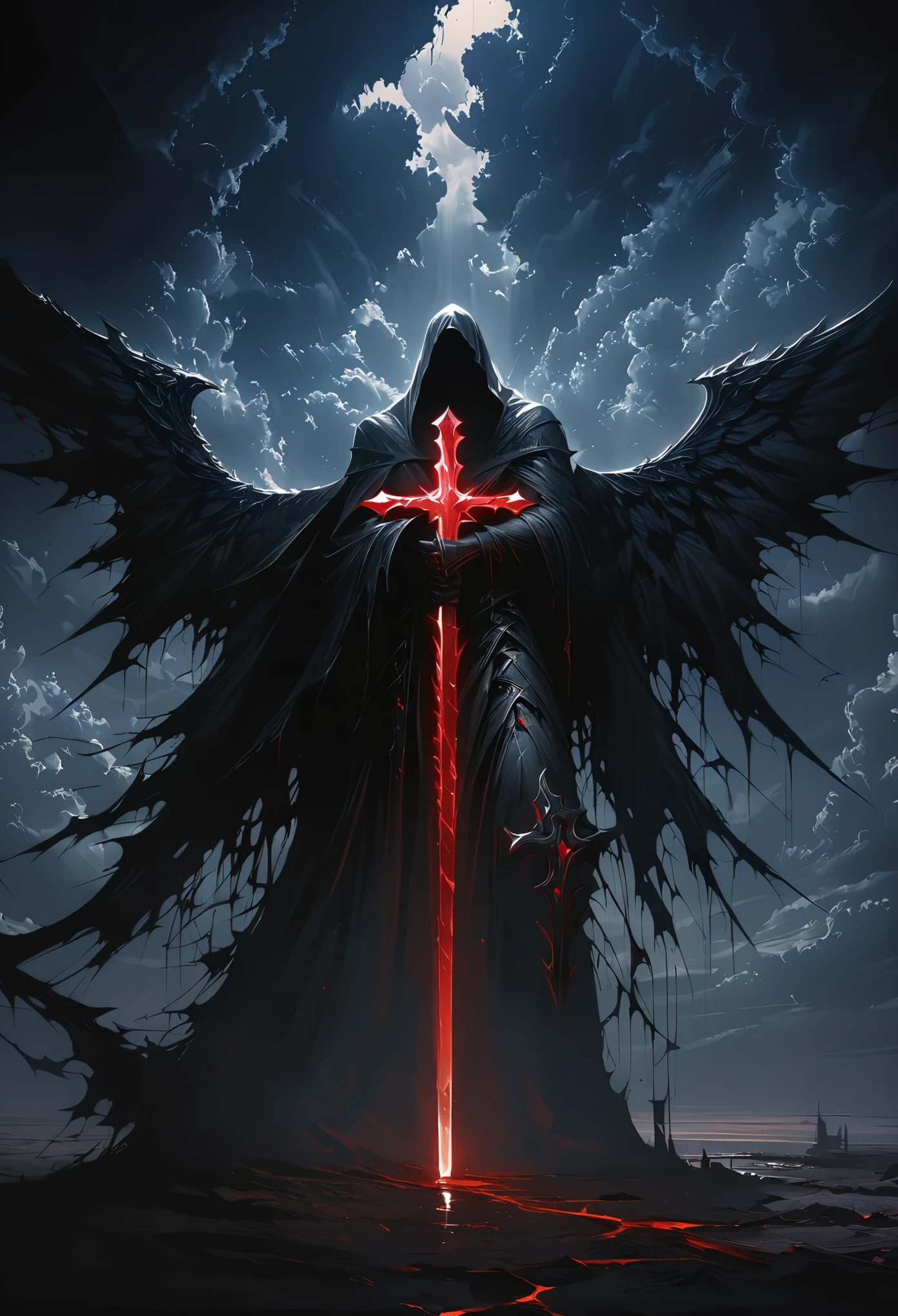 (masterpiece, best quality: 1.2), angel underground, broken wings, holding a blue silver crucifix, moonlight, ominous clouds, dark fantasy illustration style, dark arts, high contrast, dark shadows, atmospheric perspective , melancholic colors, cinematic composition, volumetric lighting, numbers, brush strokes, dramatic lighting, low angle, surrealism, super detailed, hyperrealism