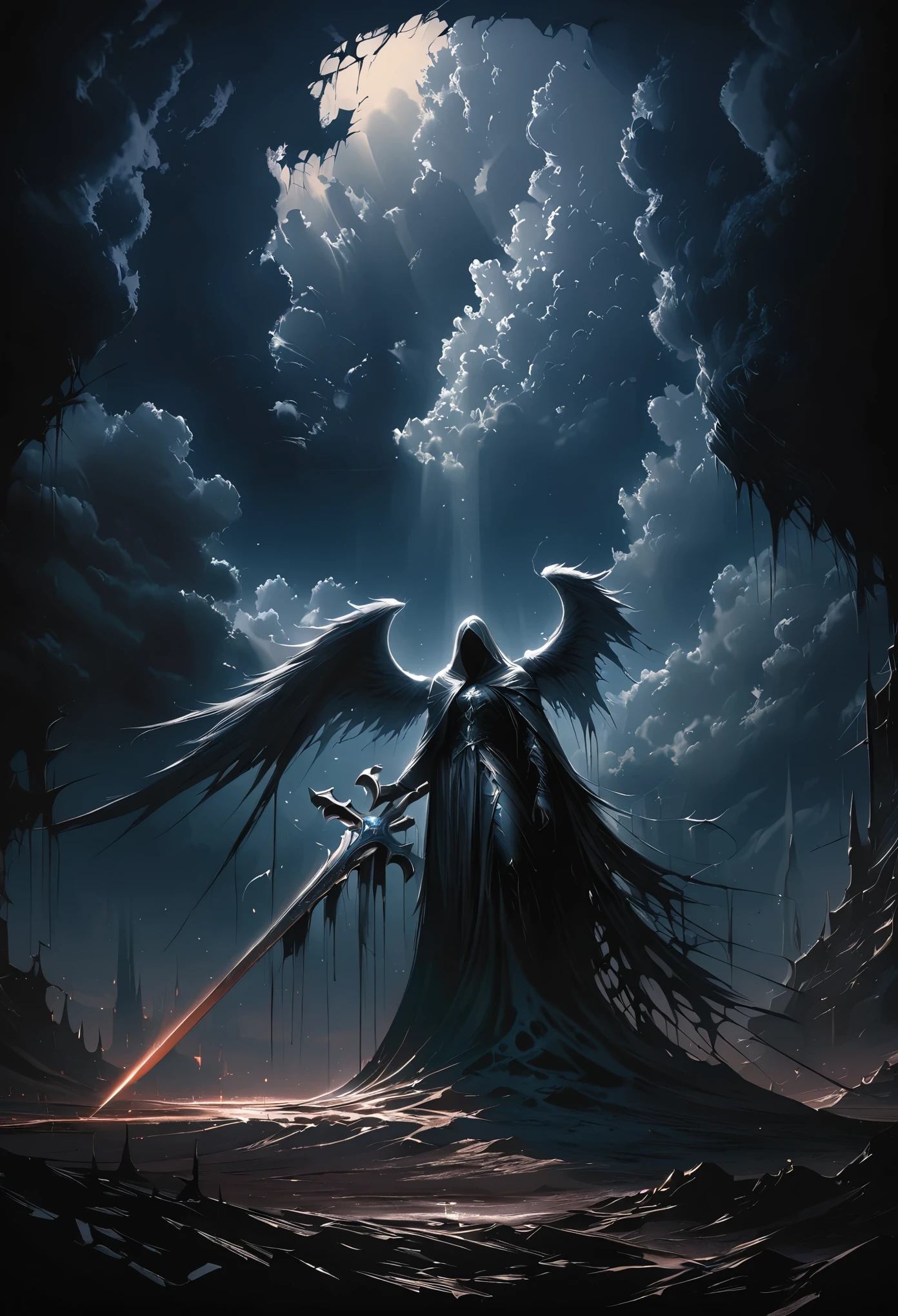 (masterpiece, best quality: 1.2), angel underground, broken wings, holding a blue silver crucifix, moonlight, ominous clouds, dark fantasy illustration style, dark arts, high contrast, dark shadows, atmospheric perspective , melancholic colors, cinematic composition, volumetric lighting, numbers, brush strokes, dramatic lighting, low angle, surrealism, super detailed, hyperrealism