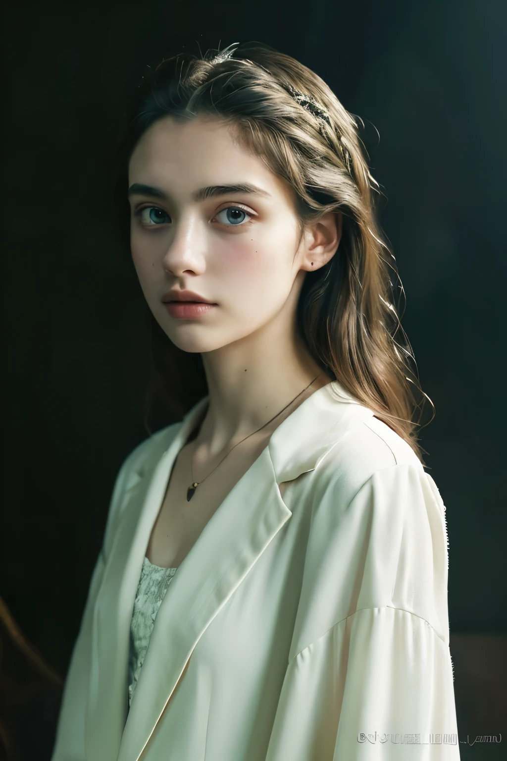 ( masterpiece, top quality, best quality,8k,17 year old girl,Super detailed,original photo:1.5),(Reality:1.4), (Movie Lighting), PerfectNwsjMajic, , Surrealism, Ultra HD, precise, Super Detail, textured skin, High Detail, best quality, Dynamic Angle, White skin,[Beautiful blue eyes], high nose,[flat chest:Large Breasts:0.5],(1 Girl),(Good anatomy:0.5)), Dreamy atmosphere, dark,Expressive brushstrokes, Mysterious atmosphere, Artistic Interpretation, Stunning Studio Ghibli style costumes, A whimsical illustration, Subtle colors and tones, Mysterious atmosphere, jewelry ,Glittering,Loose hair , White suit 