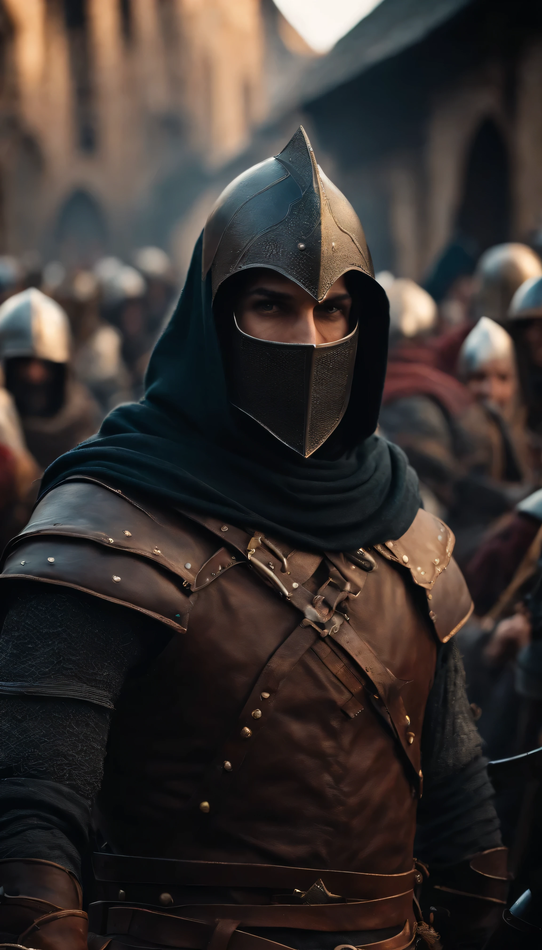 Realistic, 4k, rogue assasin with leather armor, Hood on head stabbing civilians in a medieval market with a lot of crowd peoples in background image (caos)