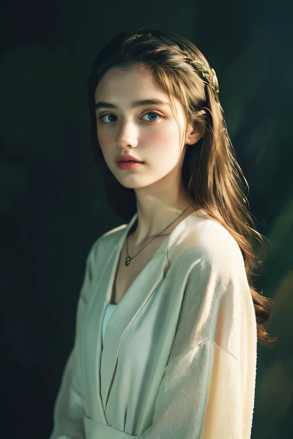 ( masterpiece, top quality, best quality,8k,17 year old girl,Super detailed,original photo:1.5),(Reality:1.4), (Movie Lighting), PerfectNwsjMajic, , Surrealism, Ultra HD, precise, Super Detail, textured skin, High Detail, best quality, Dynamic Angle, White skin,[Beautiful blue eyes], high nose,[flat chest:Large Breasts:0.5],(1 Girl),(Good anatomy:0.5)), Dreamy atmosphere, dark,Expressive brushstrokes, Mysterious atmosphere, Artistic Interpretation, Stunning Studio Ghibli style costumes, A whimsical illustration, Subtle colors and tones, Mysterious atmosphere, jewelry ,Glittering,Loose hair , White suit 