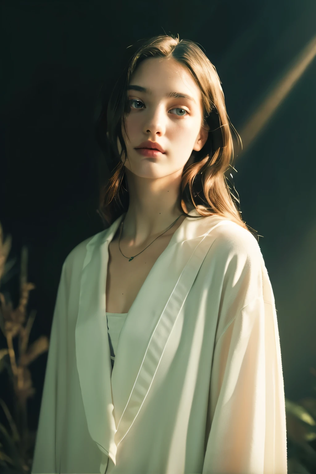 ( masterpiece, top quality, best quality,8k,17 year old girl,Super detailed,original photo:1.5),(Reality:1.4), (Movie Lighting), PerfectNwsjMajic, , Surrealism, Ultra HD, precise, Super Detail, textured skin, High Detail, best quality, Dynamic Angle, White skin,[Beautiful blue eyes], high nose,[flat chest:Large Breasts:0.5],(1 Girl),(Good anatomy:0.5)), Dreamy atmosphere, dark,Expressive brushstrokes, Mysterious atmosphere, Artistic Interpretation, Stunning Studio Ghibli style costumes, A whimsical illustration, Subtle colors and tones, Mysterious atmosphere, jewelry ,Glittering,Loose hair , White suit 