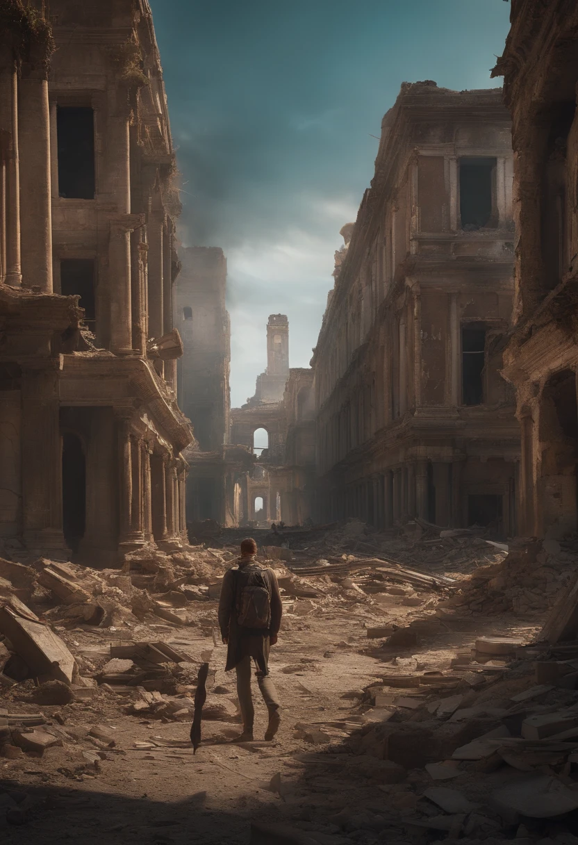 A ruined world, A ruined city and a chaotic and desperate human society. The camera pans across the ruins of a once thriving city, Showing a collapsed and abandoned building, While the survivors scavenge for resources in the background.