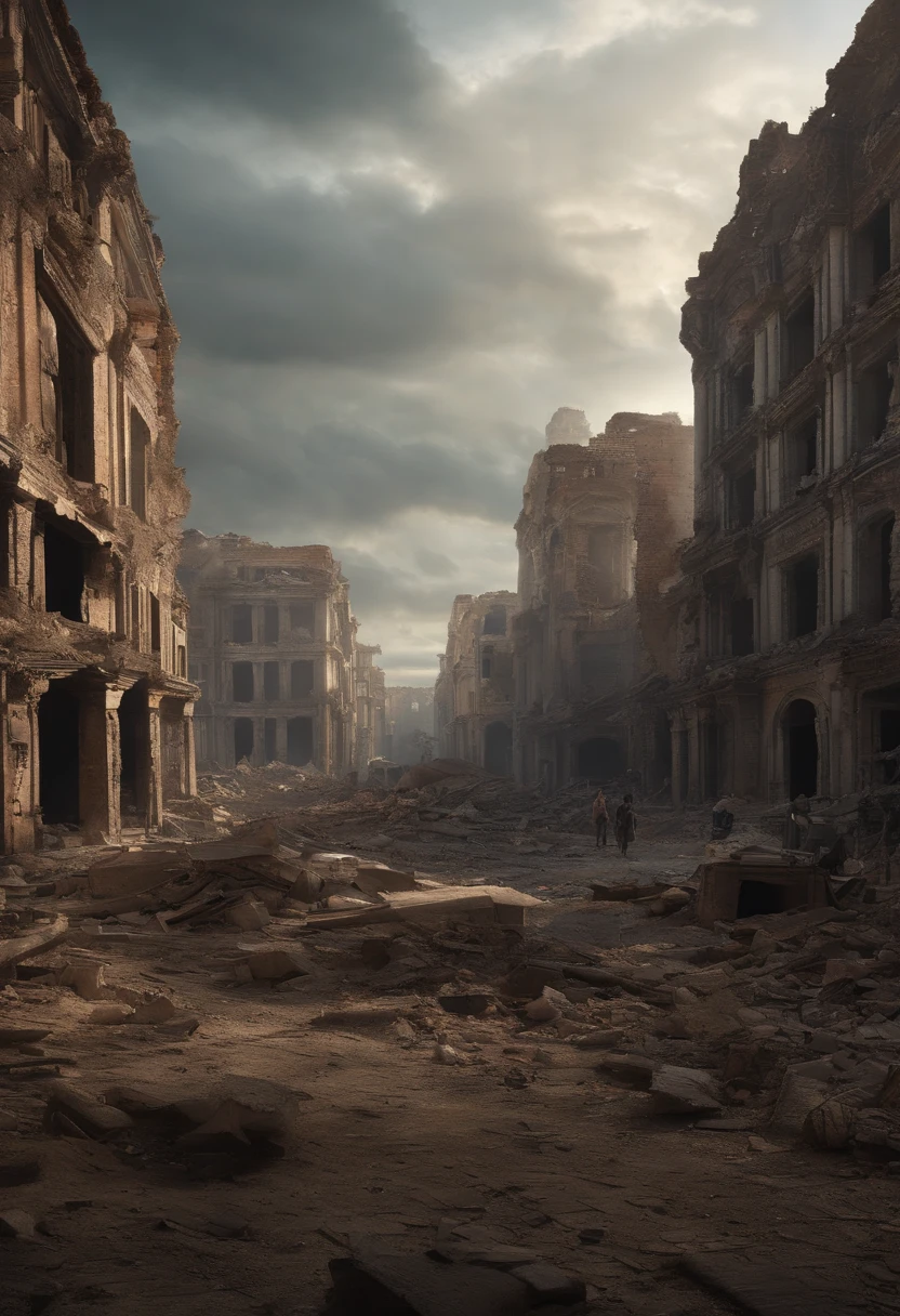 A ruined world, A ruined city and a chaotic and desperate human society. The camera pans across the ruins of a once thriving city, Showing a collapsed and abandoned building, While the survivors scavenge for resources in the background.