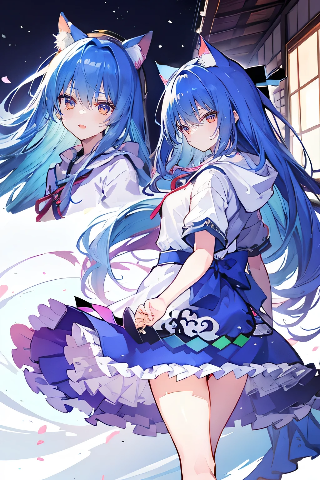 （masterpiece：1.2），Super detailed，lifelike，Expressive eyes，fair skin，perfect face shape，1 girl，
Japanese comics,Gorgeous blue hair,flowing blue hair,flowing clothes,Cat ears,Petals fall,beautiful lola,Baby Angel,
Shaking head with one hand，Cross your legs，Gentle and peaceful background，The pavilion is cool and comfortable,smile, wearing hoodie, background of tokyo,back views.snowing, winter.