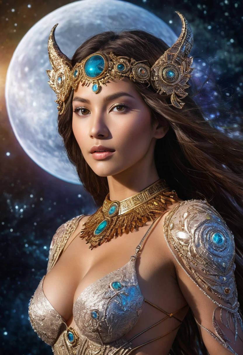 ((masterpiece), best quality, high quality, professional quality, highly detailed, highres, perfect lighting, natural lighting), An ethereal creation that transcends reality, transporting the viewer to a dreamlike realm, Rose, Within a shimmering sanctuary, a garden of dreams materializes, its iridescent blooms and shimmering petals a vision of pure fantasy, Quartz, Radiant luster that emits a vibrant and energetic glow, Attired, Goddess, Tall, Skinny, Oval Face, Mapuche Indians, Light Brown Hair, gold Eyes, Wide Nose, Full Lips, Prominent Chin, Shoulder-Length Hair, Straight Hair, Straight Bob, large breasts, , absolutely naked ,levitating, innovative time-travel device, A small, rocky moon orbiting a gas giant, with a network of subterranean tunnels carved by ancient inhabitants., Ice Planet, werewolf, manticore, chimera