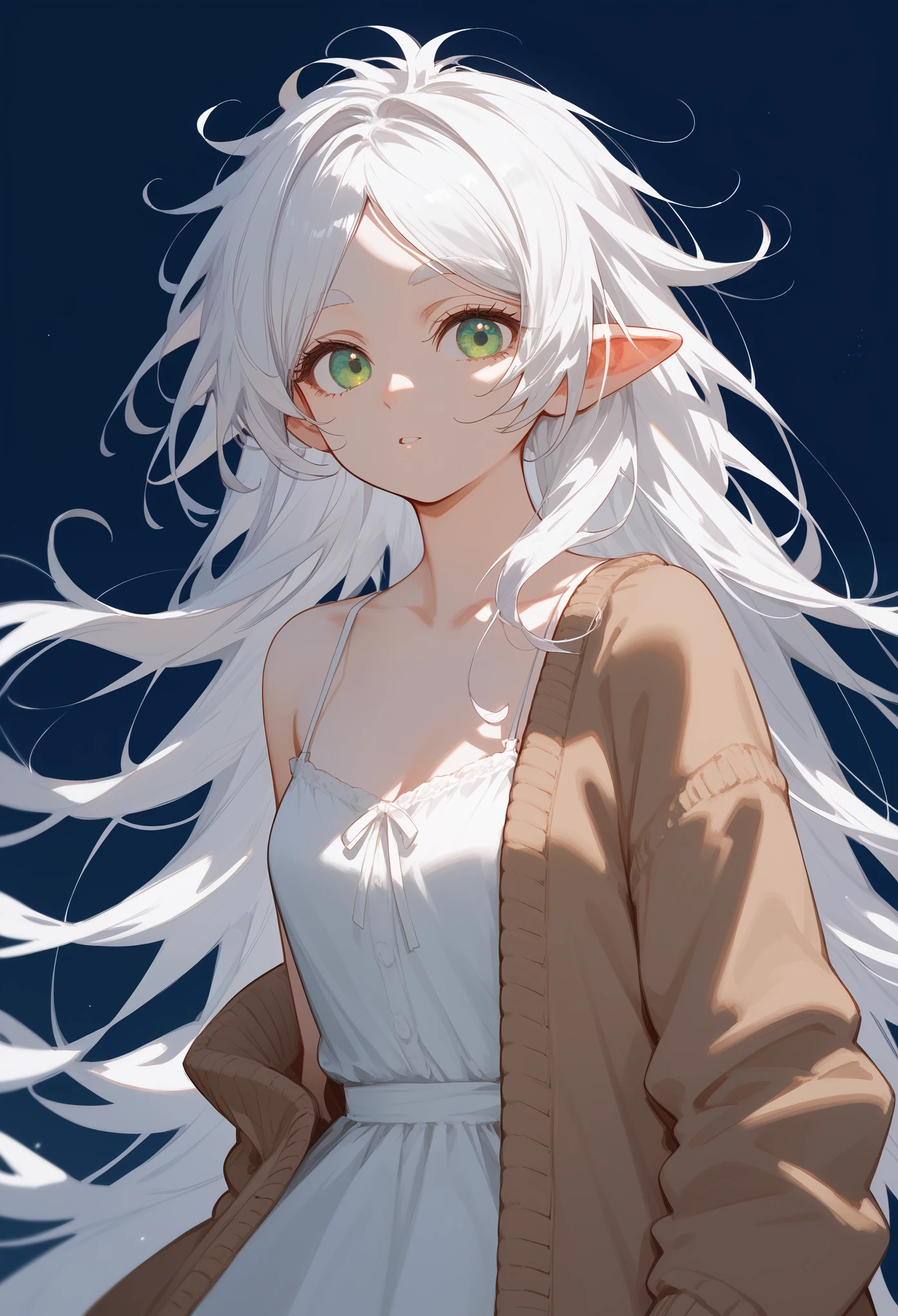 masterpiece, best quality, (score_9, score_8_up, score_7_up), 1girl, solo, portrait, FrierenSleepwear, green eyes, neutral, innexpressive, white hair, long hair, messy hair, white dress, spaghetti straps, sleeveless dress, brown cardigan, standing, looking at viewer, white background, simple background
