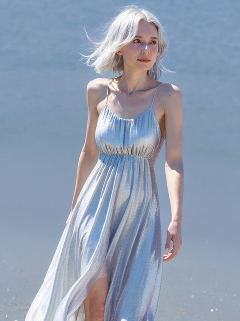 Silver-haired woman in a dress, 1 Female, alone, Sundress, photoRealistic, realism, Realistic, human