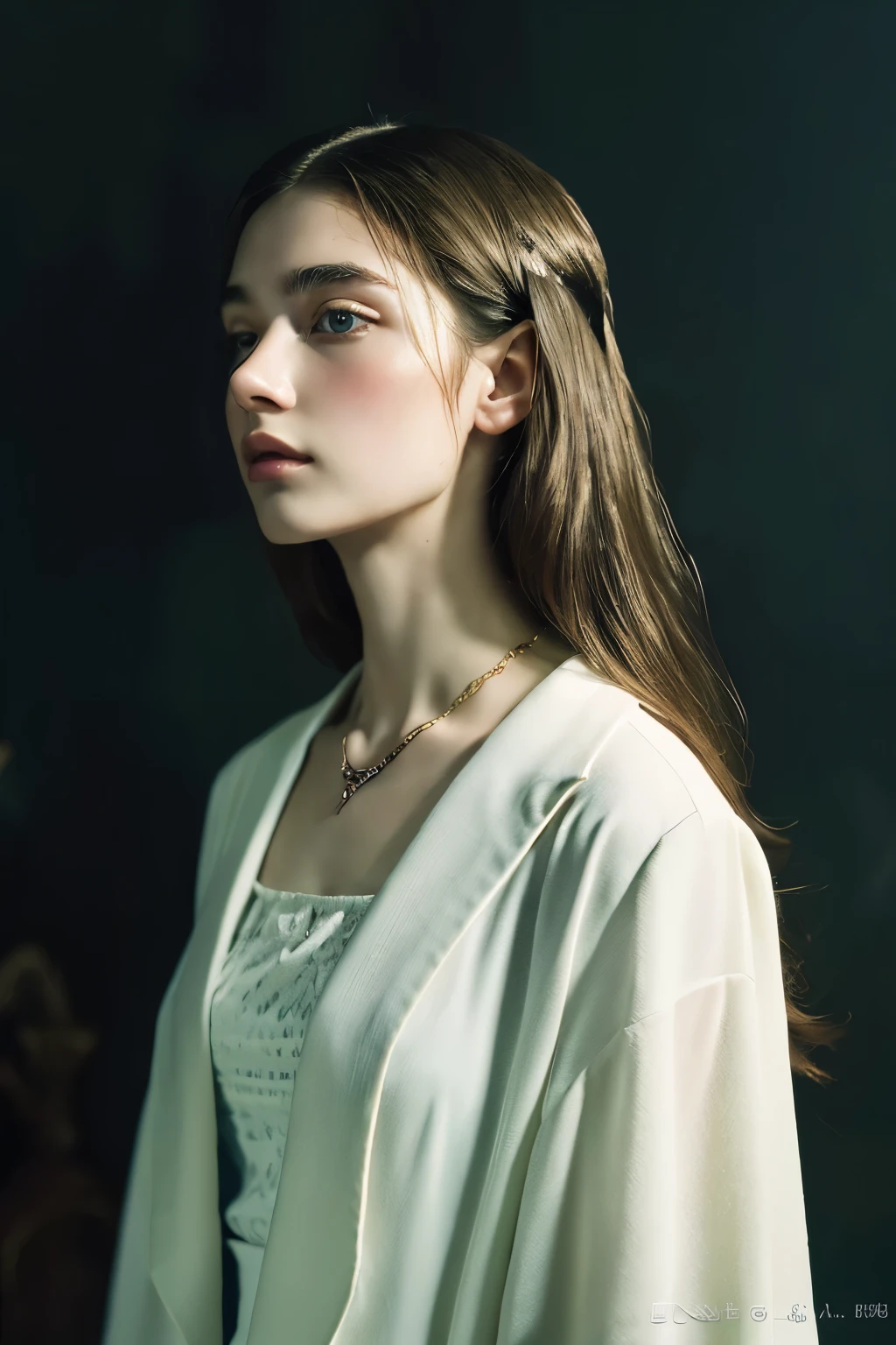 ( masterpiece, top quality, best quality,8k,17 year old girl,Super detailed,original photo:1.5),(Reality:1.4), (Movie Lighting), PerfectNwsjMajic, , Surrealism, Ultra HD, precise, Super Detail, textured skin, High Detail, best quality, Dynamic Angle, White skin,[Beautiful blue eyes], high nose,[flat chest:Large Breasts:0.5],(1 Girl),(Good anatomy:0.5)), Dreamy atmosphere, dark,Expressive brushstrokes, Mysterious atmosphere, Artistic Interpretation, Stunning Studio Ghibli style costumes, A whimsical illustration, Subtle colors and tones, Mysterious atmosphere, jewelry ,Glittering,Loose hair , White suit 