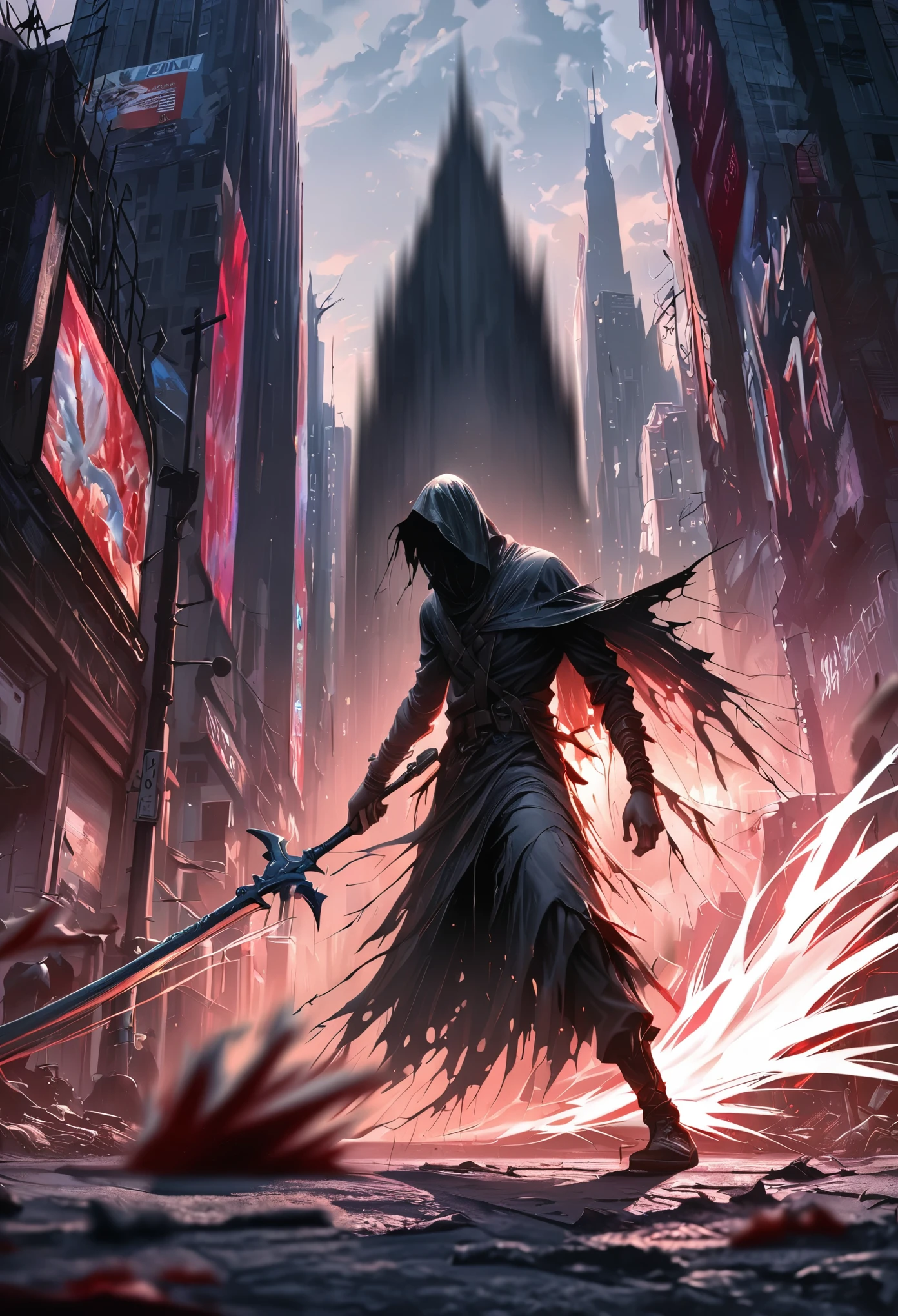 (masterpiece, best quality: 1.2), angel underground, broken wings, holding a blue silver crucifix, moonlight, ominous clouds, dark fantasy illustration style, dark arts, high contrast, dark shadows, atmospheric perspective , melancholic colors, cinematic composition, volumetric lighting, numbers, brush strokes, dramatic lighting, low angle, surrealism, super detailed, hyperrealism, (high quality, 8k, 4K, high contrast, masterpiece: 1.2, 最high quality, best aesthetic), Shibuya crossing, post-apocalyptic, 1 man, focus, intense fight, fighting action pose, ((( Blur effect motion speed: 1.6))), destroyed Tokyo atmosphere, empty street scene, broken neon signs, depressing atmosphere, fast movement, ((motion blur on arms)), shadow assassin, assassinating an enemy , destroyed architecture, blood on the ground, less blood stained, evil energy, cinematic colors, dynamic settings, atmospheric perspective, epic lighting, (1vs1), (desenfundado).