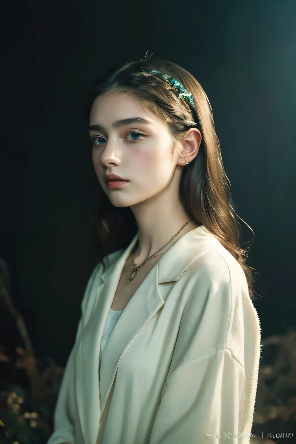 ( masterpiece, top quality, best quality,8k,17 year old girl,Super detailed,original photo:1.5),(Reality:1.4), (Movie Lighting), PerfectNwsjMajic, , Surrealism, Ultra HD, precise, Super Detail, textured skin, High Detail, best quality, Dynamic Angle, White skin,[Beautiful blue eyes], high nose,[flat chest:Large Breasts:0.5],(1 Girl),(Good anatomy:0.5)), Dreamy atmosphere, dark,Expressive brushstrokes, Mysterious atmosphere, Artistic Interpretation, Stunning Studio Ghibli style costumes, A whimsical illustration, Subtle colors and tones, Mysterious atmosphere, jewelry ,Glittering,Loose hair , White suit 