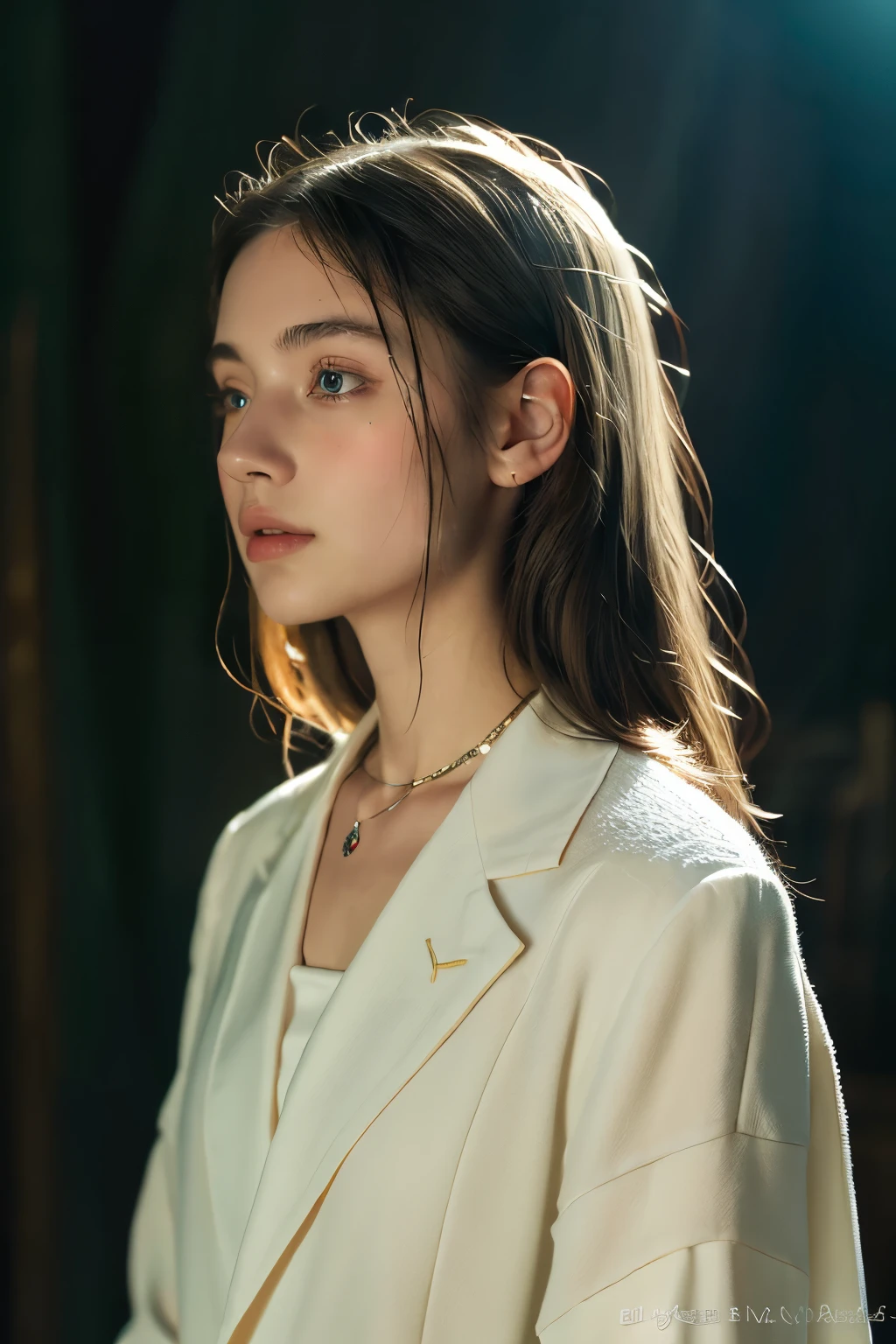 ( masterpiece, top quality, best quality,8k,17 year old girl,Super detailed,original photo:1.5),(Reality:1.4), (Movie Lighting), PerfectNwsjMajic, , Surrealism, Ultra HD, precise, Super Detail, textured skin, High Detail, best quality, Dynamic Angle, White skin,[Beautiful blue eyes], high nose,[flat chest:Large Breasts:0.5],(1 Girl),(Good anatomy:0.5)), Dreamy atmosphere, dark,Expressive brushstrokes, Mysterious atmosphere, Artistic Interpretation, Stunning Studio Ghibli style costumes, A whimsical illustration, Subtle colors and tones, Mysterious atmosphere, jewelry ,Glittering,Loose hair , White suit 