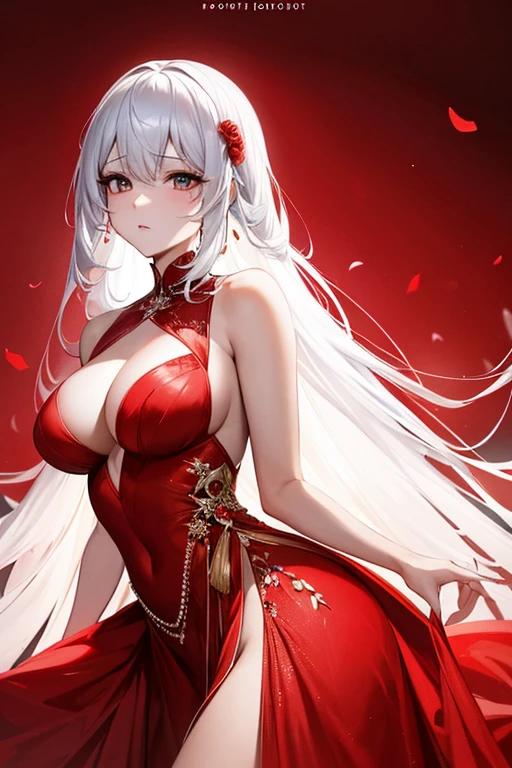 a close up of a woman in a Red dress with roses, Extravagant dress, 8k highly detailed , dressed beautiful gown, Wearing a wonderful dress, Red dress, Detailed dress and face, All red, beautiful gown, gown, elegant Red dress, red, Wearing a wonderful dress, Exquisite digital illustration,The most beautiful woman in the world、White Hair、White eyes、Best Style、Beautiful legs、whole body
