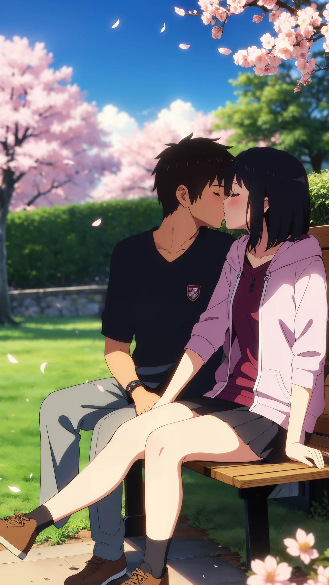 shinkai makoto, kimi no na wa., 1girl, 1boy, bangs, black hair, short hair, blush, casual clothes (boy wear shorts), ((girl wear skirt)), hood, hoodie, cute, love, couple, adorable, dating, (((kiss, deep kiss))), closed eyes, outdoors, night, dynamic lights, cherry_blossoms, falling_petals, petals, branch, pink_flower, spring_season, wind, tree, sitting, sitting on the bench, upper-body