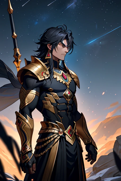 In the captivating Style Shingoaroaki-smf depiction of a solitary Saint Seiya warrior preparing for combat, an aura of intensity pervades the empty landscapescape. The warrior, dressed in ebony armor adorned with golden and ruby embellishments resembling Egyptian armor, stands as dark as the midnight sky against the backdrop. Yet, under the beaming light, the armor gleams brilliantly, intricately showcasing the intricate designs that dance across its surface.
This magnificent warrior's raven-black tresses of medium length cascade around his broad, beefy shoulders, emphasizing the strong, muscular frame encased