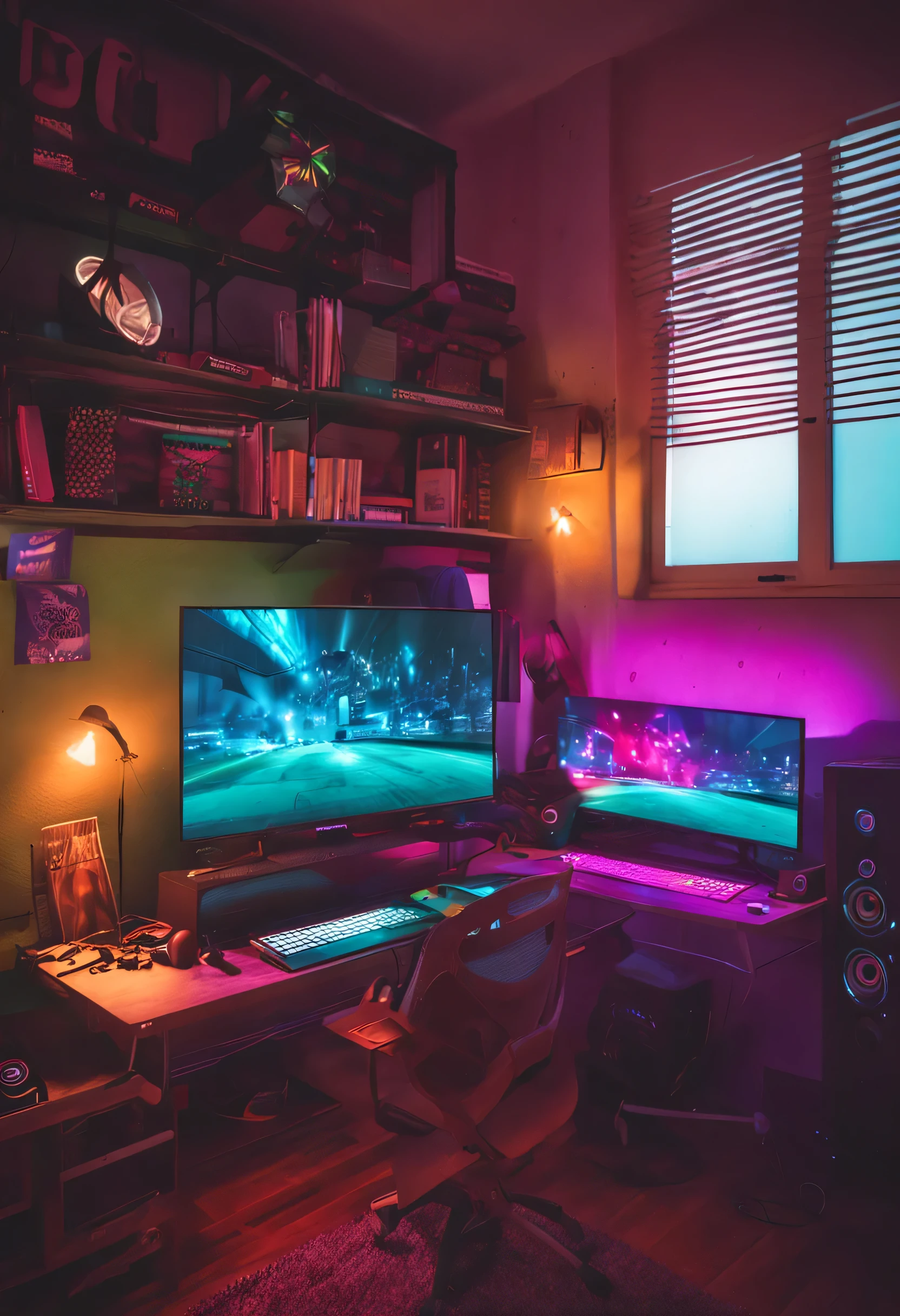 uma imagem ultra realista de uma quarto gamer colorido com computador e as palavras LIVE STREAM